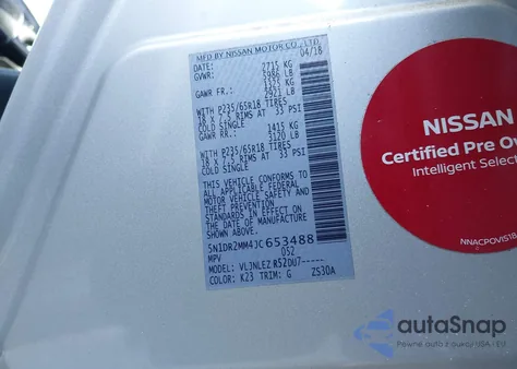 2018 Nissan Pathfinder Sv z USA, uszkodzony, nr VIN 5N1DR2MM4JC653488